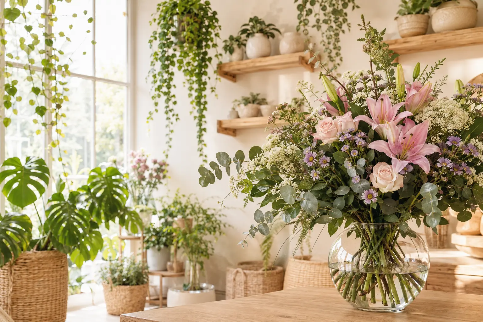 Ambiente botânico iluminado com plantas e buquê de lírios e rosas